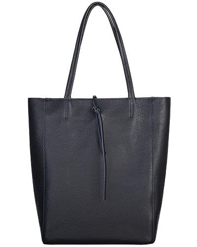 Image of Genuine Italian Leather Tote Bag for Women, Large Slouchy Purse, Dark Blue | Unstructured bag, raw unlined interior with zip pocket, top zipper, side ties, folds flat, fits a 16-inch laptop, lightweight