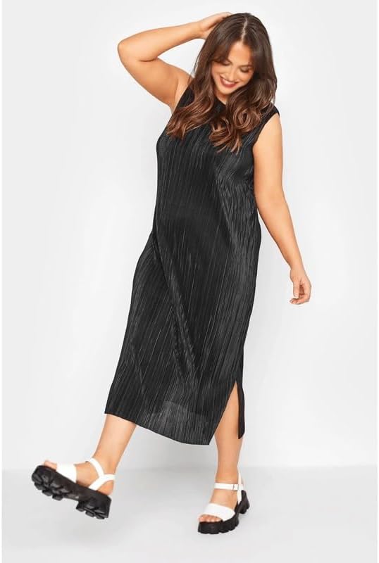 JSEIAJB Plisse Midi Dress Women Sleeveless Loose Casual Dress Side Slit Large Size Straight Office Dress(4X-Large)