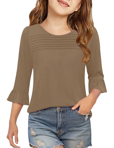 Image of Girls Summer 3 /4 Length Sleeve Tops Casual Cute Shirts Ruffle Bell Sleeve Front Pleated Blouses