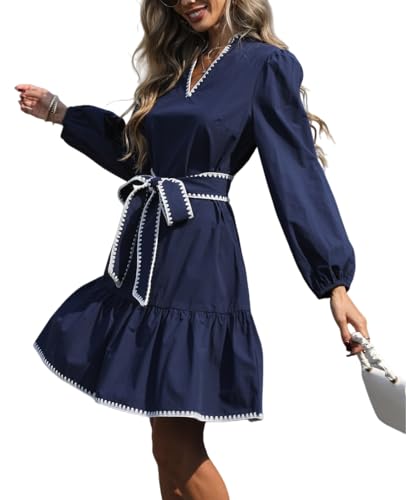 LifeShe Women Tie Front Babydoll Dress V Neck Puff Sleeve