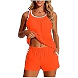 Two Pieces Tankini Sets Women, Sport Tankini with Shorts Tummy Control Swimsuits for Women Color Block Swimming Costume Bathing Suit Modest Swimwear with High Waisted Bottoms Orange