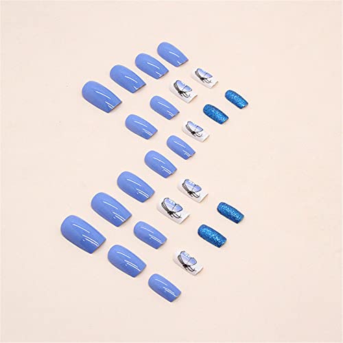 Votacos Press On Nails Short Square Fake Nails Blue False Nails With Butterfly Design Glossy Stick On Nails For Women 649 #TOP4