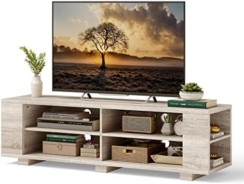 Tangkula Wooden TV Stand for TVs up to 65 Inch Flat Screen, Modern Entertainment Center with 8 Open Shelves, Farmhouse TV Storage Cabinet for Living Room Bedroom, TV Console Table (White Oak)
