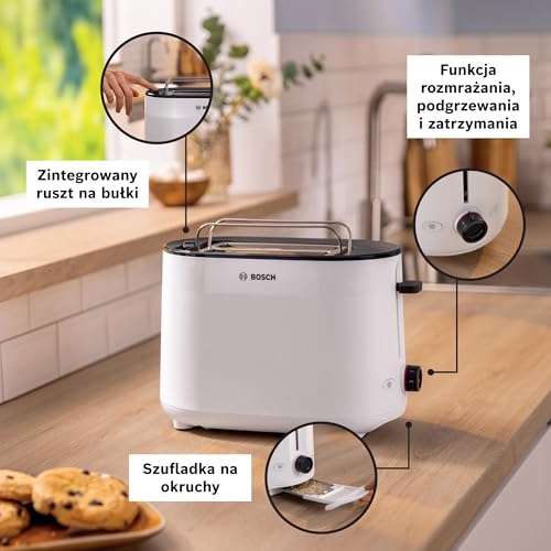 Bosch, toster, MyMoment, pojemnik na 2 kromki, podgrzewanie, rozmrażanie, ruszt na bułki, funkcja wysokiego podnoszenia, automatyczne wyłączanie, biały, TAT2M121
