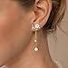 Dangle Pearl Drop Earrings For Women Trendy Long Threader Chain Dainty Flower Wedding Earrings For Brides CZ Cute 14K Gold Plated Statement Sparkly Jewelry (Gold-CZ-Flower)