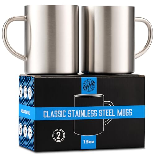 Comparison: Best Stainless Steel Coffee Mug With Handle 3 Stainless Steel Coffee Mugs – 15 oz Double Wall Stainless Steel Mugs with Handle, Metal Coffee Cups for Tea, Insulated Mug Set of 2 – BPA Free, Durable, Unbreakable Metal Coffee Mugs for Camping