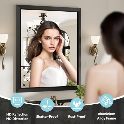 Image of 20x28 Inch Black Bathroom Mirror for Wall, Beveled Framed Rectangle Bathroom Vanity Mirrors for Over Sink, Bedroom, Living Room, Entryway, Anti-Rust, HD Tempered Glass, Horizontally /Vertically
