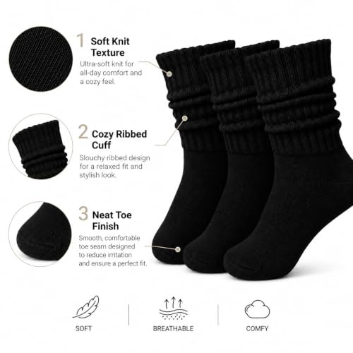 Image of 3 Pairs Slouch Socks for Women & Men, Ribbed Scrunch Crew Socks | 3-pair cotton-rich ribbed slouch socks for women and men, thick scrunch crew socks for boots, sneakers and lounging.