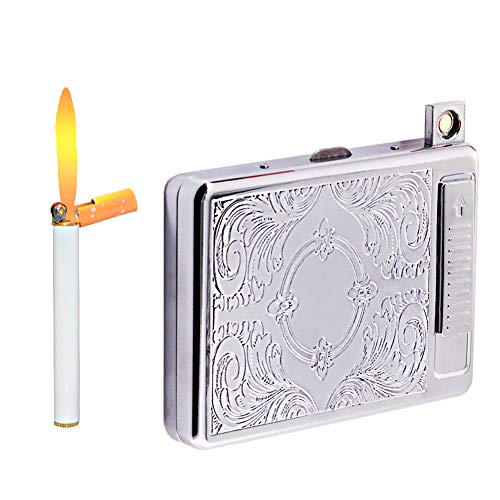 Metal Full Pack 20 Regular Cigarettes Case Box with Lighter USB Rechargeable, Flameless, Windproof (silver)