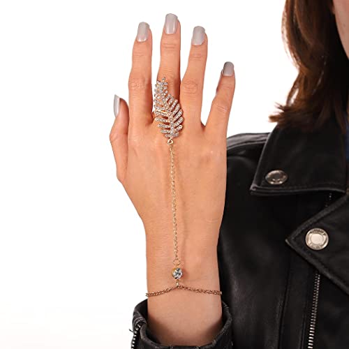 Yalice Leaf Hand Chain Gold Rhinestone Finger Ring Bracelets Charm Crystal Slave Finger Chain Sparkly Hand Jewelry For Women And Girls #TOP3
