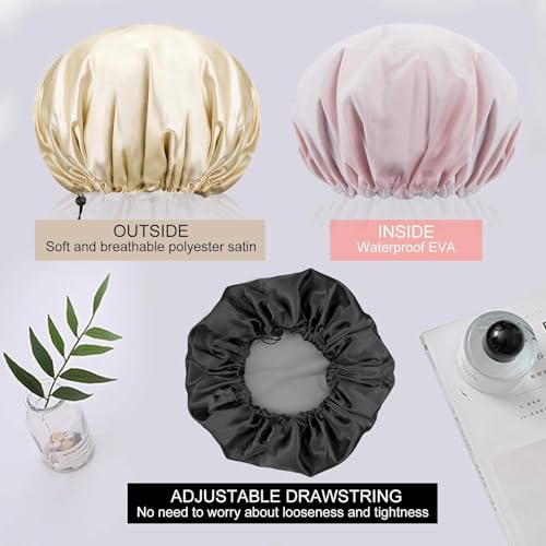 Image of Shower Cap For Women Men 3PCS Shower Caps For Women Waterproof Shower Cap, Reusable Shower Cap Long Hair Bonnet Set For Kids With Black Gold Pink Bath Cap. (F- Multi)