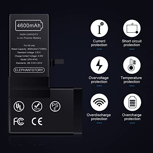 Elephantstory Battery For Iphone Xs 4600Mah High Capacity New 0 Cycle Internal Battery Replacement Fit For Model A1920, A2097, A2098, A2100 With Complete Repair Tool #TOP2