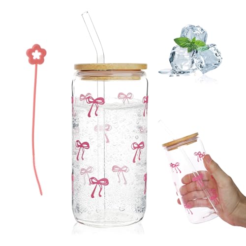 Tikplus 17.6oz Iced Coffee Glass Cup with Lid & Straw - Charming Pink Bow Tumbler for Juice, Milk, and Cocktails - Perfect Gift for Women