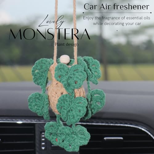 Image of Cute Crochet Car Plant Monstera Essential Oil Diffuser Bottle - 12ml Refillable, Green Car Accessory for Mirror Decor and Home Decor