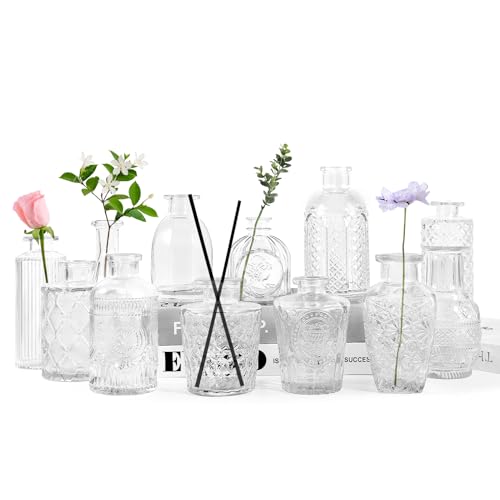 ENCOUN 12 Mini Jarron Cristal, Juego de Floreros de Cristal, Jarrones Decorativos Vintage, Centros de Mesa, Jarrón Cristal Decorativo, Jarrón Vidrio para Decoración del Hogar y Salón, Boda