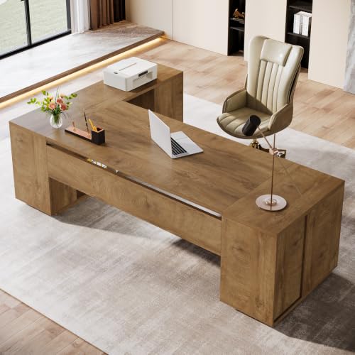 Image of Tribesigns 85.8-Inch L-Shaped Executive Office Desk with File Drawers & Storage Cabinet, Professional Corner Computer Desk Extra Large Business Workstation with Adjustable Shelves, Light Brown