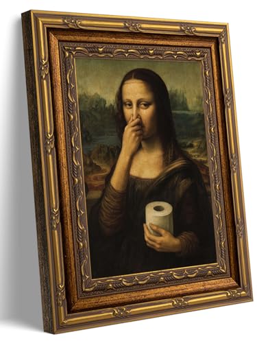 Framed Funny Bathroom Canvas Wall Art Vintage Mona Lisa Parody Holding Toilet Paper Wall Decor Humorous Nose Pinching Classical Painting Print for Bathroom Toilet 9x11 in