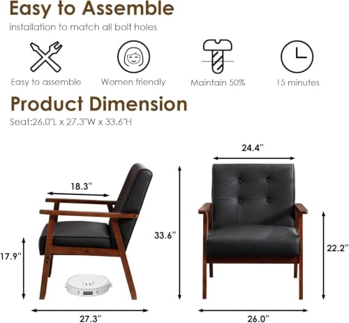 Image of STHOUYN Upholstered Accent Chair, Black Leather Arm Chair with Wood Frame | Comfy Reading Chair, Mid-Century Modern, Living Room, Waiting Room, Office