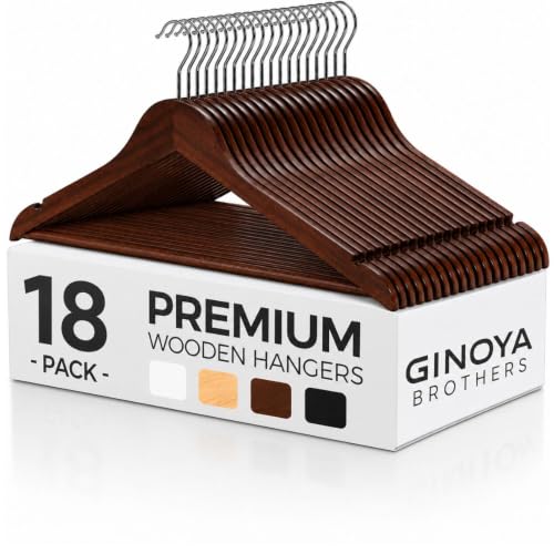 Image of GINOYA BROTHERS Walnut Wooden Suit Hangers 24 Pack with Non Slip Pants Bar - Smooth Finish Solid Wood Coat Hanger for Camisole, Jacket, Pant, Dress Clothes Hangers (Walnut: 18)