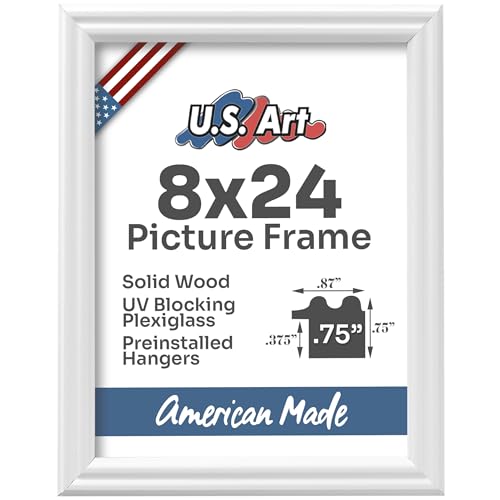 White 8x24 Picture Frame .75" Inch Wide - White Wall Decor Handmade Solid Wood Frames with Preinstalled Hangers and UV Blocking Plexiglass 24x8 Frame