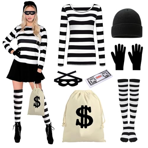 Juego de Disfraz de Ladrón, Disfraces de Ladrones de Bancos para Mujeres, Disfraz de Ladrón Adultos, Juego de Disfraces de Ladrones, Ladrones de Bancos, para Halloween Cosplay Fiesta Temática - 7pcs