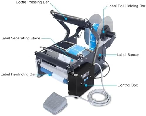 Electric Round Bottle Labeling Machine with Foot Pedal, Sticker Printer for Glass, Plastic, Metal Bottles - High-Speed Label Applicator for Efficient Packing