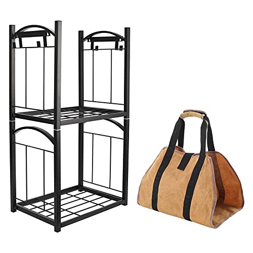 IZLIF 2 Tier Fireplace Log Rack with Removable Hanging Hooks and Waxed Canvas Firelog Wood Carrier Bag Indoor Outdoor Stacking Fireside Firewood Holder Lumber Storage