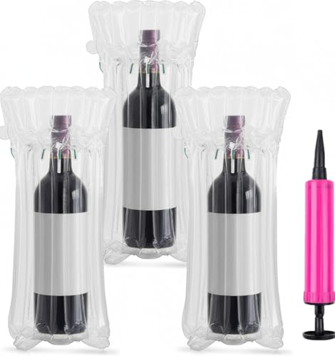 50 Pack Wine Bottle Travel Protector Bags, Bubble Cushion Wrap Sleeves for Luggage, Airplane Travel, Transport, Inflatable Bag for Wine, Safety Shipping of Glass Bottles with Free Pump