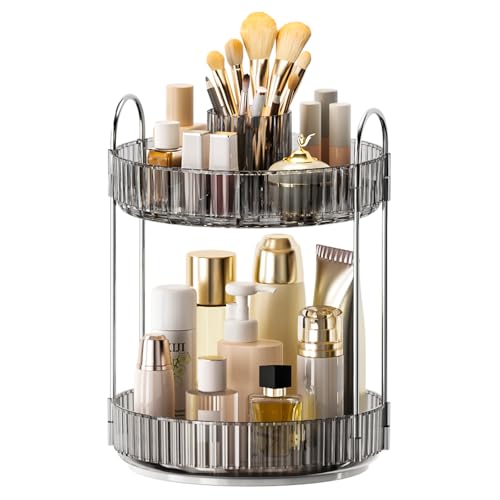 Image of 360 Rotating Makeup Organizer, Upgraded 2 Tier Skincare Perfume Organizers for Women, Bathroom Organizer Countertop, Clear Cosmetic Dresser Organizer with Makeup Brush Holder, Sink&Counter(Grey)