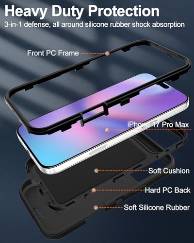 Image of for iPhone 17 Pro Max Case with Port Cover, Rubber Matte, Black | 3-Layer Heavy Duty Armor, 16ft Drop Protection, Non-Slip Shockproof & Anti-Fingerprint