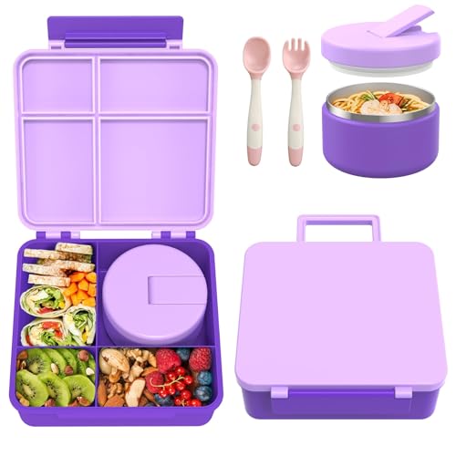 Pawtong Bento Lunch Box with 8oz Soup Thermo, Kids Leakproof Lunch Food Containers with 4 Compartment, Kids Thermo Insulated Hot Food Jar for School, Trvael (Purple)