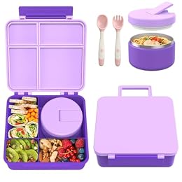 Pawtong Bento Lunch Box with 8oz Soup Thermo, Kids Leakproof Lunch Food Containers with 4 Compartment, Kids Thermo Insulated Hot Food Jar for School, Trvael (Purple)