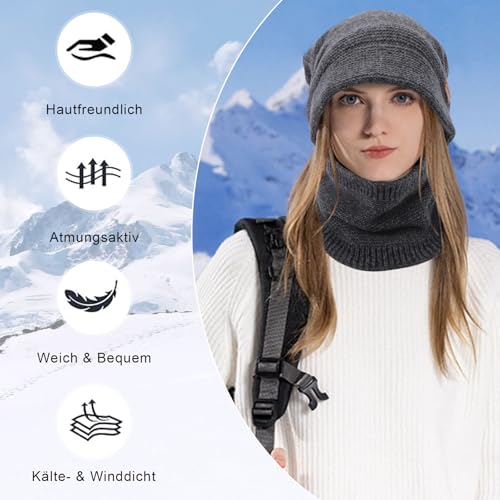 Fjquamitix Winter Mütze Damen mit Schal Set, Strickmütze für Damen mit Visier und Weichem Innenfutter, Warme Herbst Mütze und Schal Kombinationsset