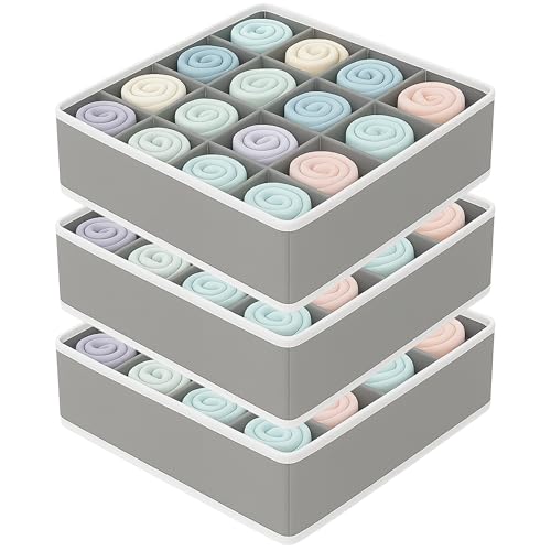 KATTAO Set Organizer Cassetti 24 Scomparti Pieghevoli, Scatole per Armadio Salvaspazio per Calze, Intimo, Cravatte, Cinture – Contenitori Tessuto per Cassetti e Trasloco (Light Grey 3 pezzi)