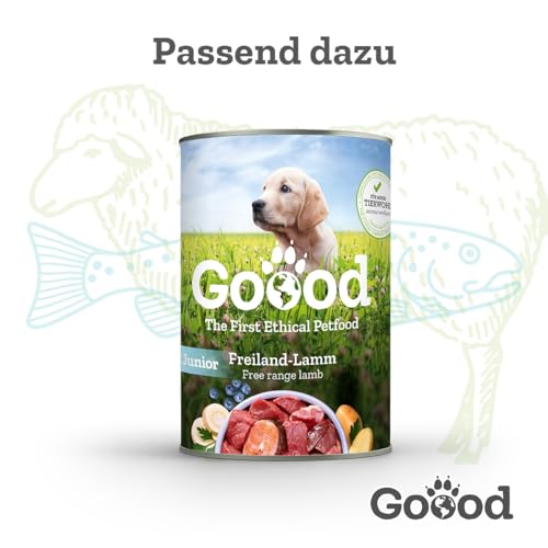 Goood Junior Freilandlamm & nachhaltige Forelle – Trockenfutter, Hundefutter – für Wachstum und Immunsystem von Junghunden – Lammfleisch und Forelle, Eiweiß und Zink – 1,8kg