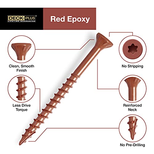 Image of Deck Plus 2-1 /2 Inch Epoxy Coated Exterior Wood and Fence Screws #10 x 2-1 /2 inch Torx /Star Drive Included Coarse Thread, Outdoor Rust Resistant Decking Screw, Red, XL Pack, 40 Pieces | 42599