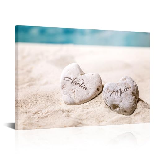 iLOOKLiKE Personalized Couple's Name on Beach Heart Shaped Stone Wall Art Decor Romantic Sand Canvas Prints Cutom Poster Framed Love Gift for Him Her Anniversary Wedding Valentine's Day