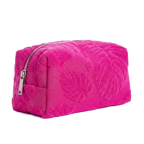 Baesics® Kosmetiktasche Damen Groß Pink Blätter Tropisch Kulturbeutel Weich - Leichte Schminktasche Reise Organizer Urlaub Make Up Hautpflege - Beauty Case Handgepäck Weite Öffnung