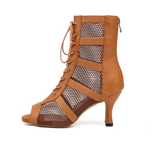 Image of AOQUNFS Women Ballroom Dance Shoes Lace-up Open Toe Ankle Boots Salsa Latin Dance Heels