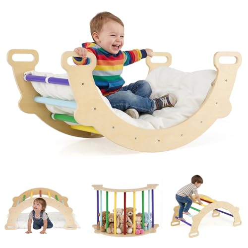 DREAMADE 2 in 1 Kletterbogen mit Kissen, Bogenwippe aus Holz, Holzwippe zum Klettern, Klettergerüst Indoor Kletterdreieck für Kinder ab 3 Jahren (Mehrfarbig)