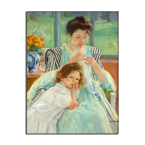 Mary Cassatt Canvas Wall Art - Young Mother Sewing Print - Classic Impressionist Canvas Wall Art Decorate - Vintage Interior Portrait - Bedroom Bathroom Office Home Decor Unframed(9x12in/23x30cm)