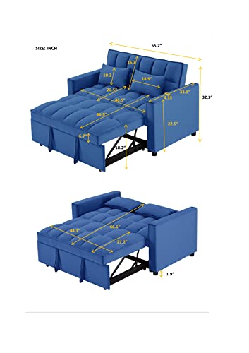 Klmm Modern Convertible Sofa Bed With Adjustable Backrest And 2 Lumbar Pillows, Velvet Loveseat Sleeper Sofa Couch With Pull-Out Bed For Small Spaces (Blue+Velvet9) #TOP3
