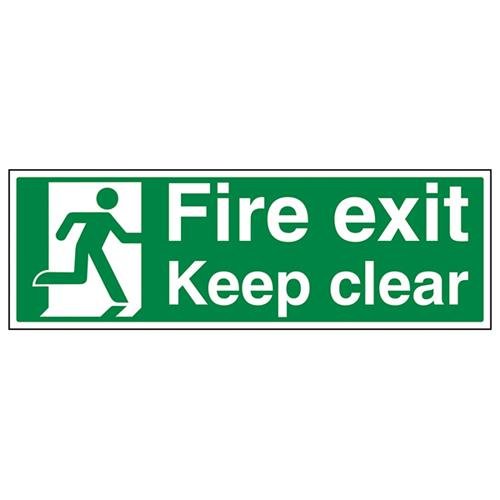 VSafety Fire Exit Keep Clear Sign - Landscape - 600mm x 200mm - 1mm Rigid Plastic