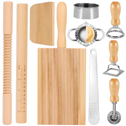 10 PCS Pasta Making Tools, Pasta Maker kit with Ravioli Stamp Cutters Gnocchi Board Rolling Pin Dumpling Ravioli Mould, Baking Enthusiasts Making Accessories for Pasta, Dumplings Lasagna, Pierogi