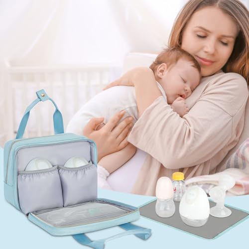 Wearable Breast Pump Bag with Cooler Compartment,Breast Milk Pump Travel Bag Compatible with Willow,Elvie,Medela Pump&Momcozy M5/S12 Pro, Carrying Case for Pump Parts and Bottles,Blue