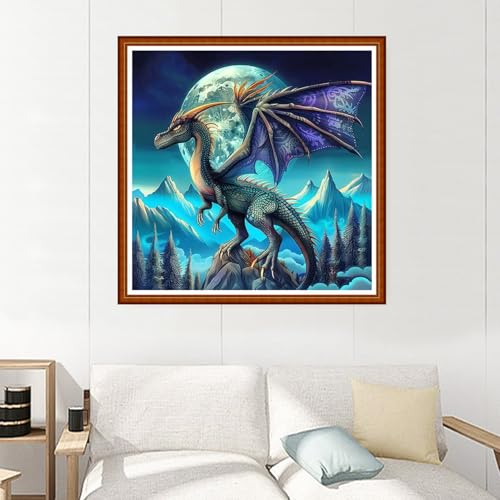 Image of Joyhoor Stamped Cross Stitch Kits for Beginners Needlepoint Kits for Adults Embroidery Kits 11CT Counted Cross Stitch Kits Printed Embroidery Pattern-Moon Pterosaur 18x18 inchs