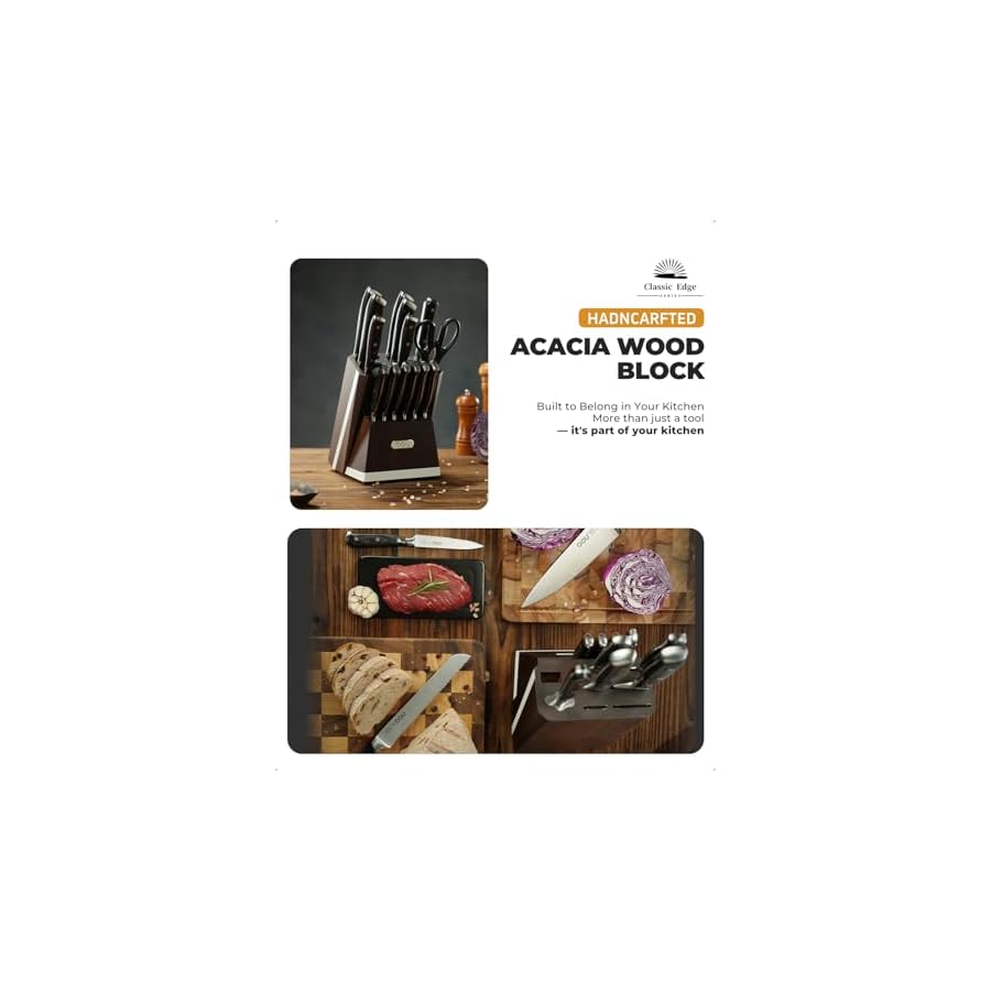 OOU 2025 Kitchen Knife Set with Block, 15-Piece German Stainless Steel Knife Blcok Set with Sharpening Rod, Ergonomic Wood Handle,Premium Razor-Sharp Knives Set for Kitchen