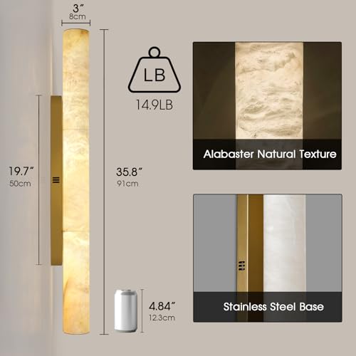 Image of Brass Alabaster Wall Sconces, Spanish Natural Marble Wall Sconce, 36 inch Long Stone Wall Sconce Dimmable, Gold Alabaster Sconces Wall Lighting Indoor, Marble Wall Light for Bathroom, Living Room, 1PC