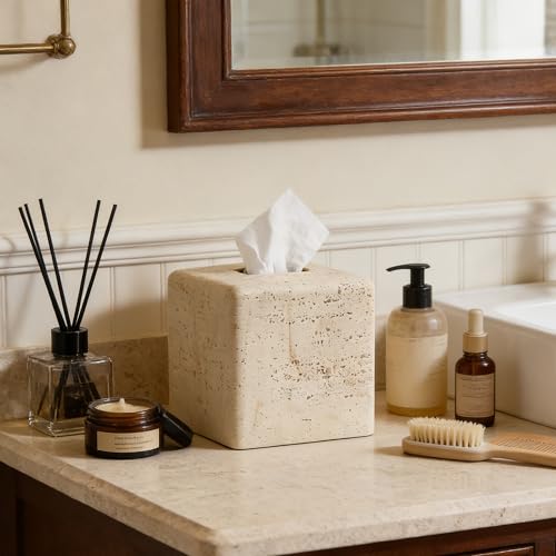 Natural Travertine Textures Tissue Box Cover Square for Home Decor,Resin Heavy Tissue Box Holder for Bathroom Countertop,Tabletop,Bedside Table,Office (Handmade of Resin) - Thumbnail 2