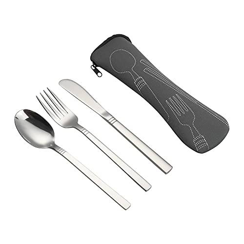 Fosly Juego de Cubiertos de Camping de Acero Inoxidable de 3 Piezas, Cubiertos de Viaje con Funda (Azul) Cover